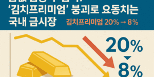 “금값 급등 후 급락, 김치프리미엄 붕괴로 요동치는 국내 금시장 인포그래픽 – 금 시세 하락 그래프와 김치프리미엄 20%→8% 변화 표시”